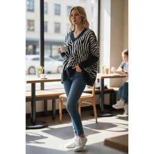 Joseph A. Pullover Knit VNeck Sweater Women Size L Grey Animal Print Soft